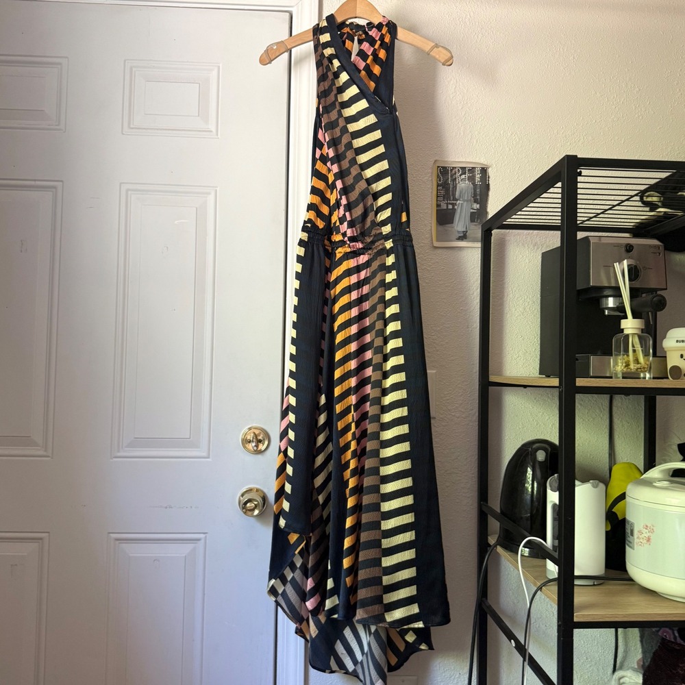 APIECE APART silk multicolor striped halter neck scarf draped backless midi